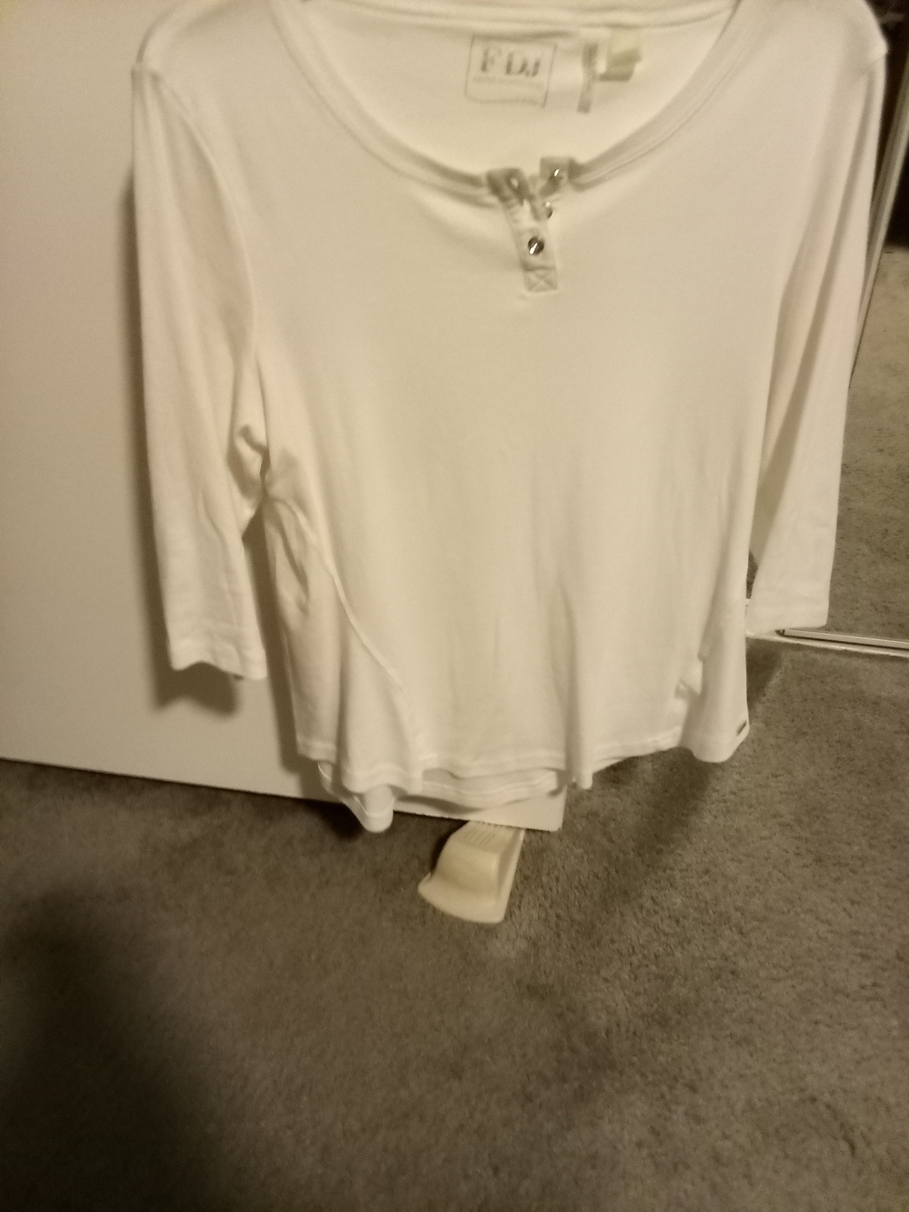 FDJ White Three-Quarter Sleeve Scoop Neck Top with Button Detail